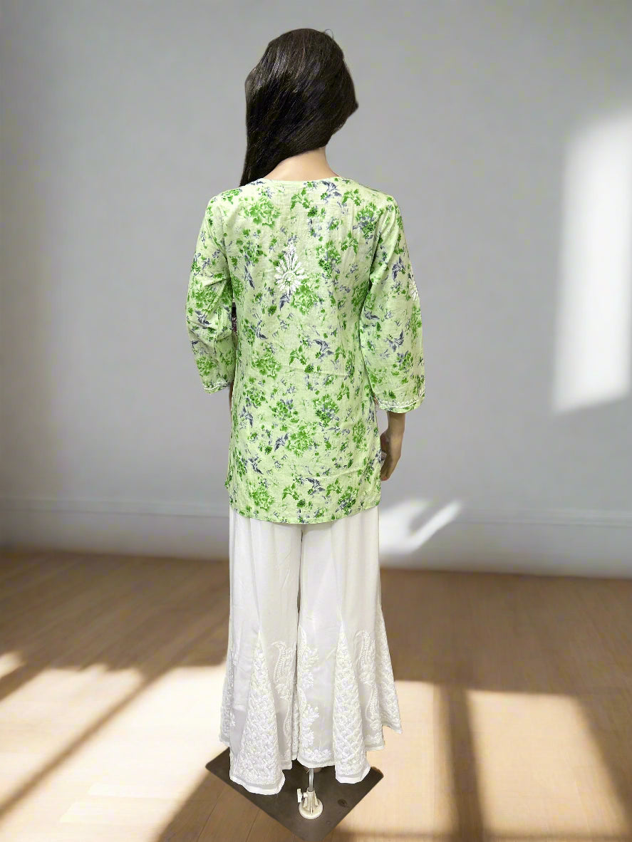 Lucknowi Chikankari Green Printed Cotton Short Kurti-T000080