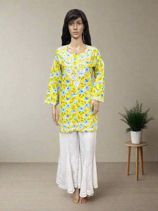 Lucknowi Chikankari Yellow Printed Cotton Short Kurti-T50019