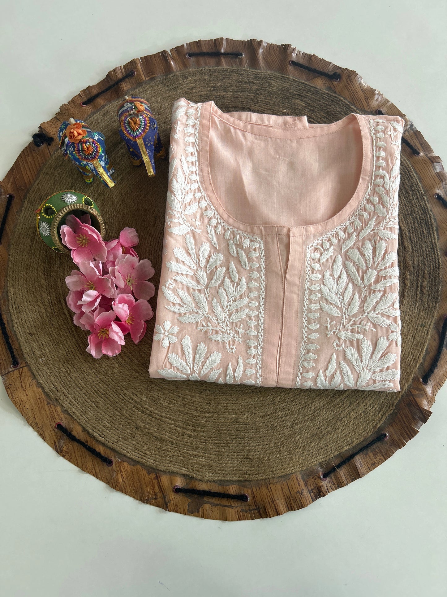 Lucknowi Chikankari Peach Cotton Kurti-K000134