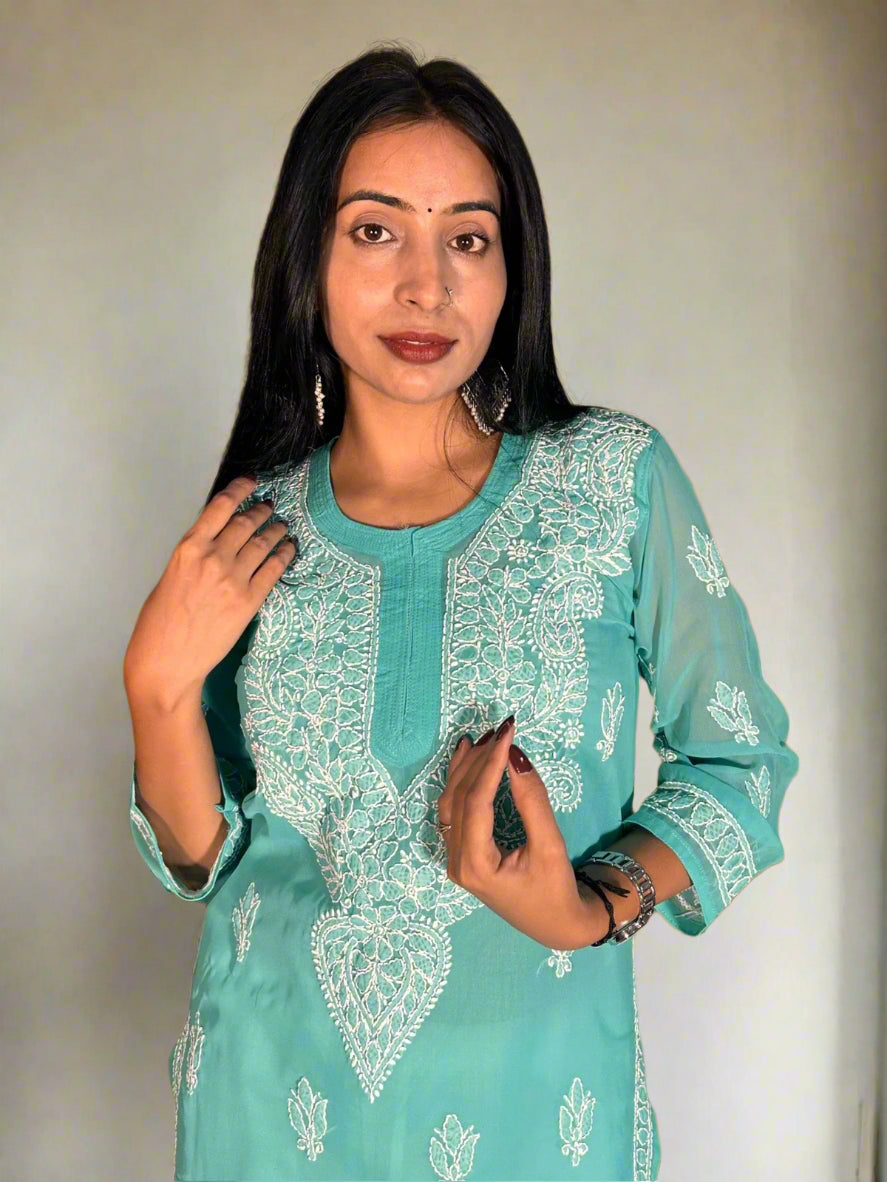 Lucknowi Chikankari Green Georgette Kurti-K000065