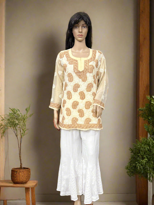 Lucknowi Chikankari Fawn Georgette Short Kurti-T40011