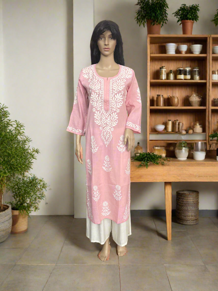 Lucknowi Chikankari Light Pink Cotton Kurti-K000133