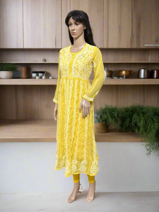 Lucknowi Chikankari Yellow Georgette Anarkali-K000042