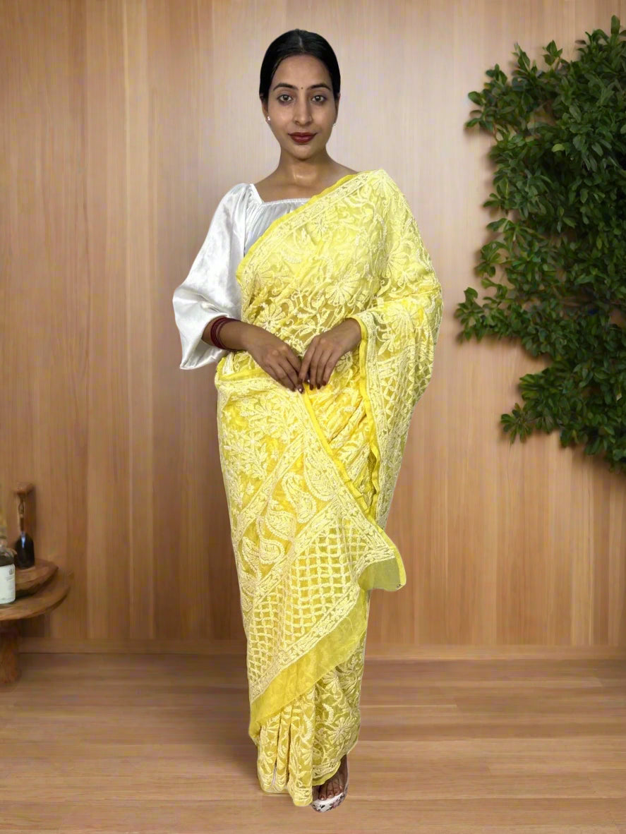 Lucknowi Chikankari Yellow Georgette Saree (With Blouse)-PF100006