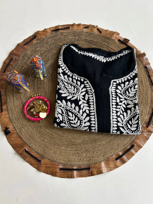 Lucknowi Chikankari Black Rayon Kurti-K000166