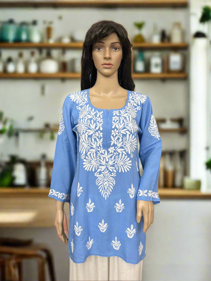 Lucknowi Chikankari Blue Modal Short Kurti-T000054