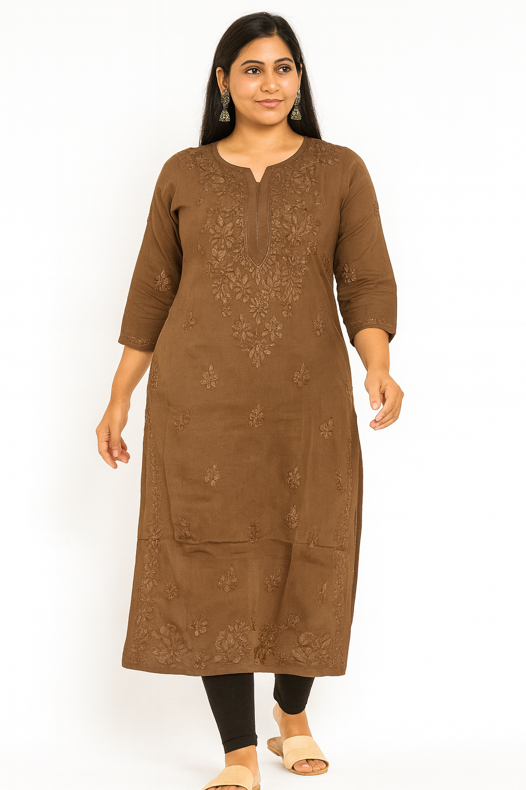 Lucknowi Chikankari Brown 'Rang-e-Mitti' Modal Kurti-K30076