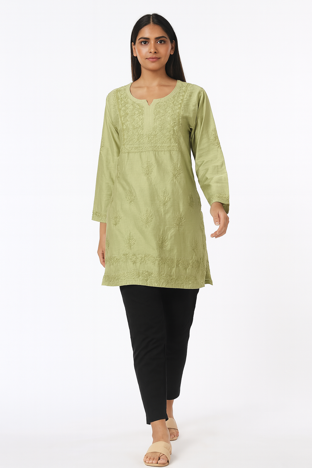Lucknowi Chikankari Green 'Bahar' Chanderi Short Kurti-T20006