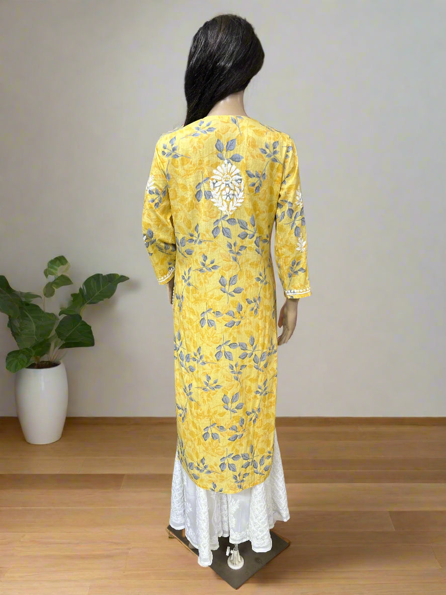 Lucknowi Chikankari Yellow Printed Cotton Kurti-K000179