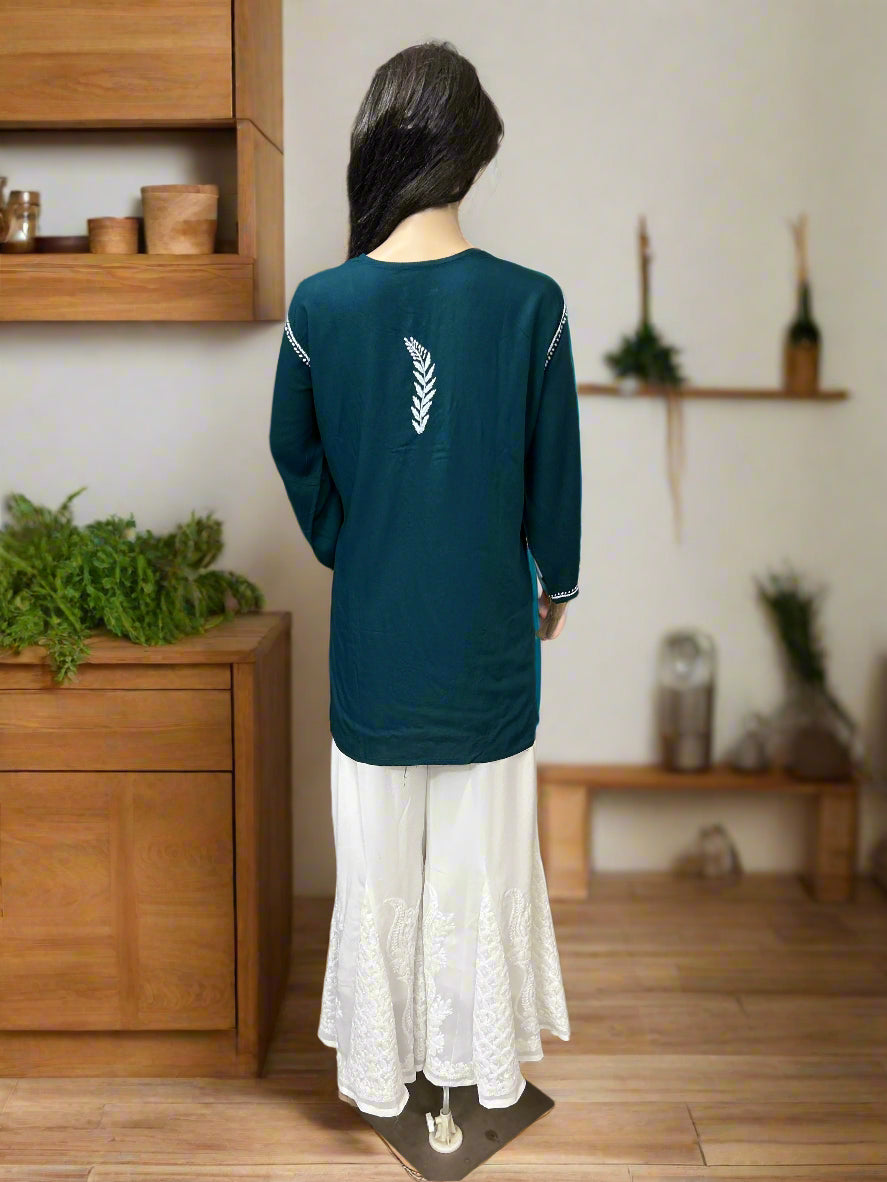 Lucknowi Chikankari Green Rayon Short Kurti-T000079