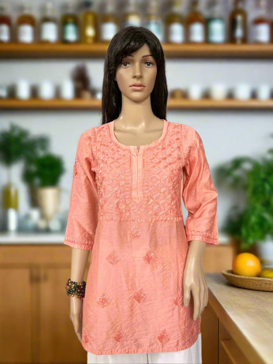 Lucknowi Chikankari Peach Chanderi Short Kurti-T000022