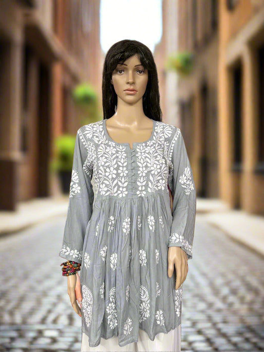 Lucknowi Chikankari Grey Modal Short Kurti-T000032