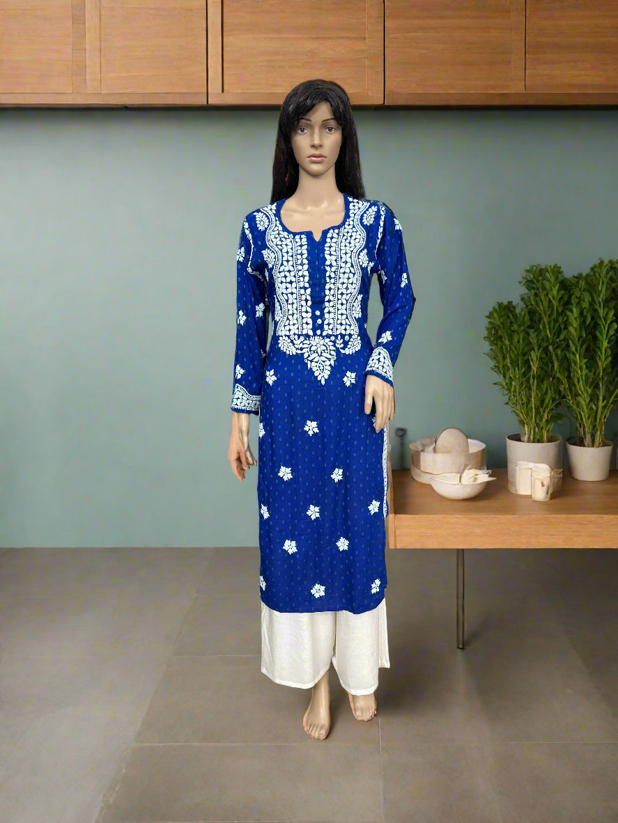 Lucknowi Chikankari Blue Rayon Kurti-K000087