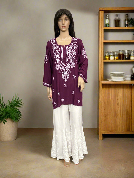 Lucknowi Chikankari Wine Rayon Short Kurti-T000065