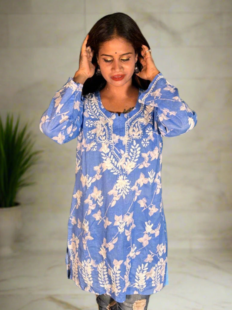 Lucknowi Chikankari Blue Printed Cotton Short Kurti-T000016