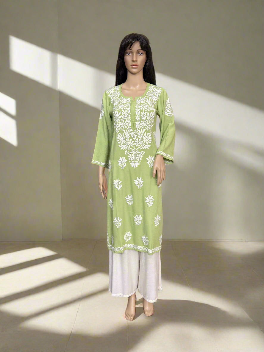 Lucknowi Chikankari Green Rayon Kurti-K000162