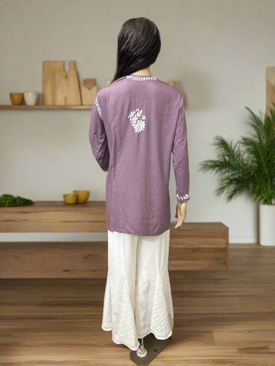 Lucknowi Chikankari Mauve Rayon Short Kurti-T60004