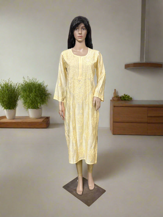 Lucknowi Chikankari Yellow Chanderi Kurti-K000171