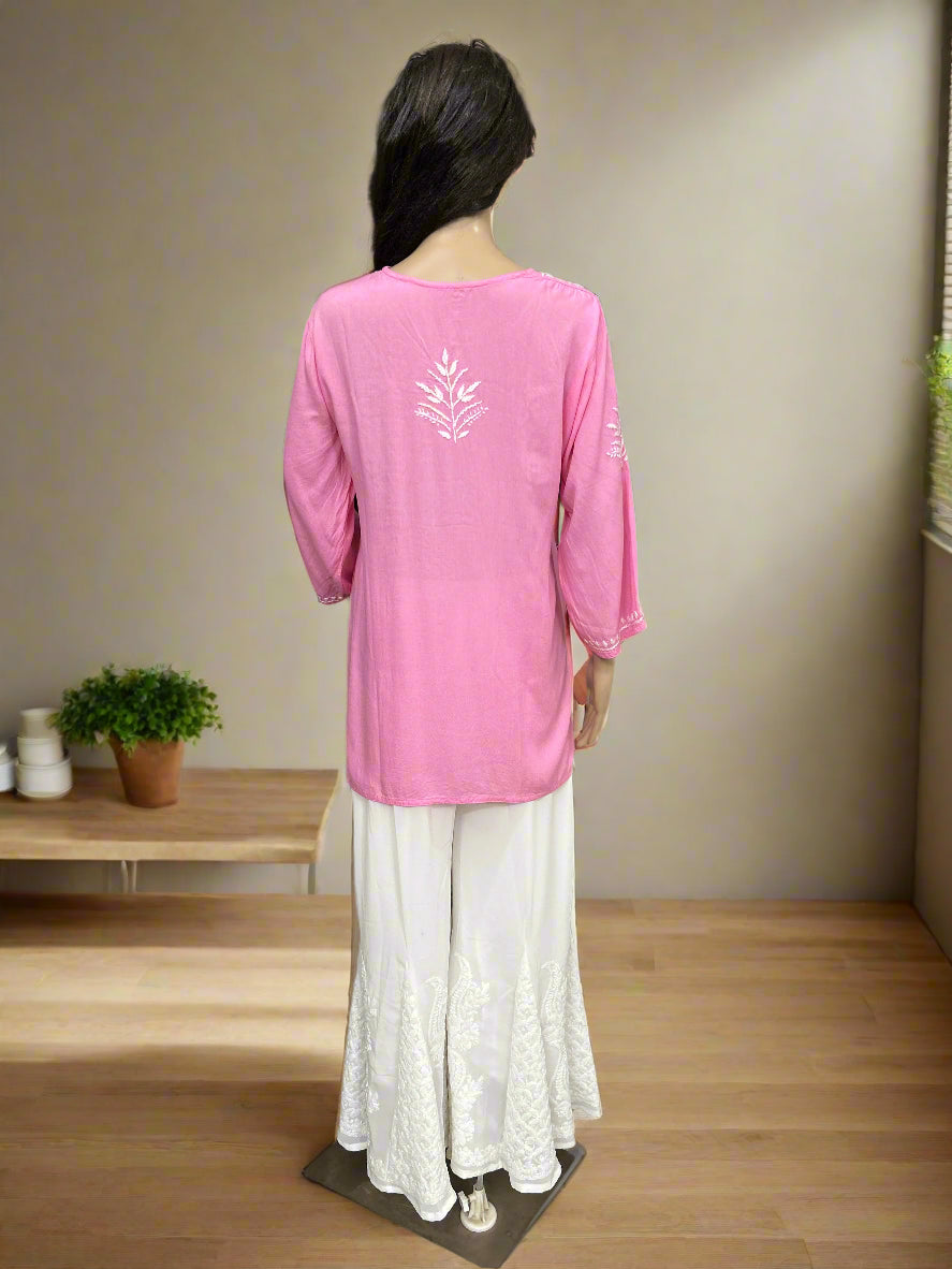 Lucknowi Chikankari Pink Rayon Short Kurti-T000067
