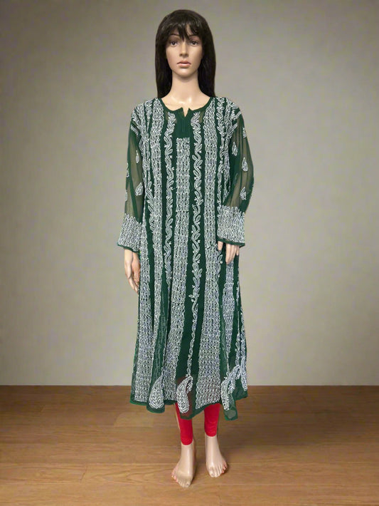 Lucknowi Chikankari Green Georgette Anarkali-K000026