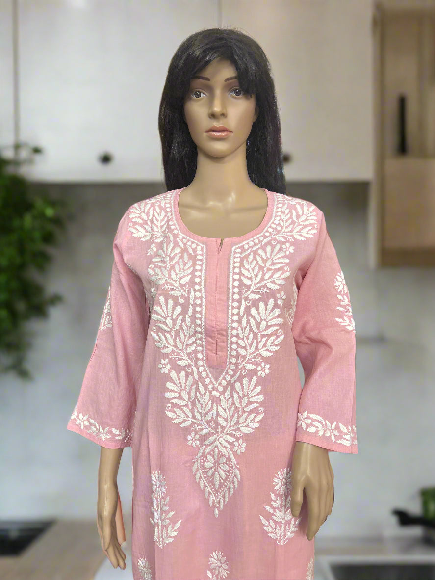 Lucknowi Chikankari Light Pink Cotton Kurti-K000133