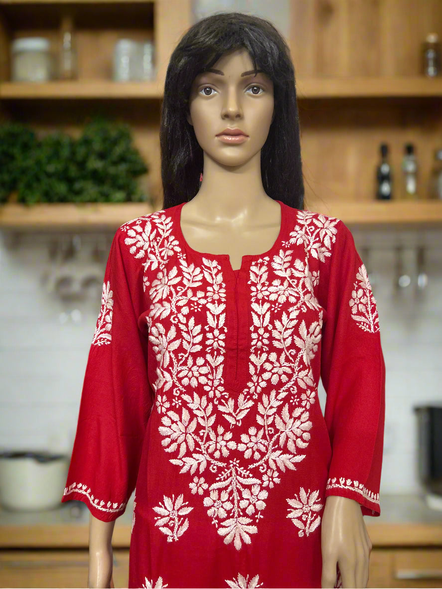 Lucknowi Chikankari Red Rayon Kurti-K000164