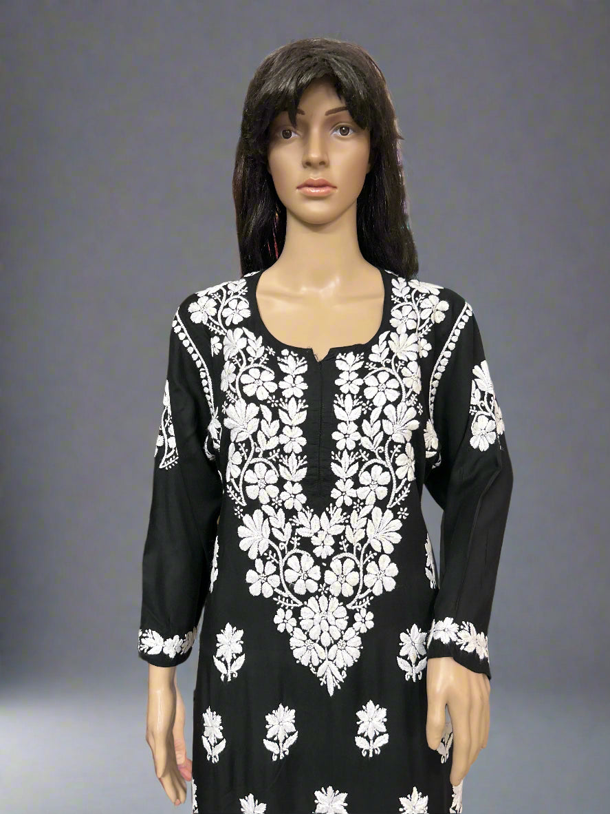 Lucknowi Chikankari Black Modal Kurti-K000136