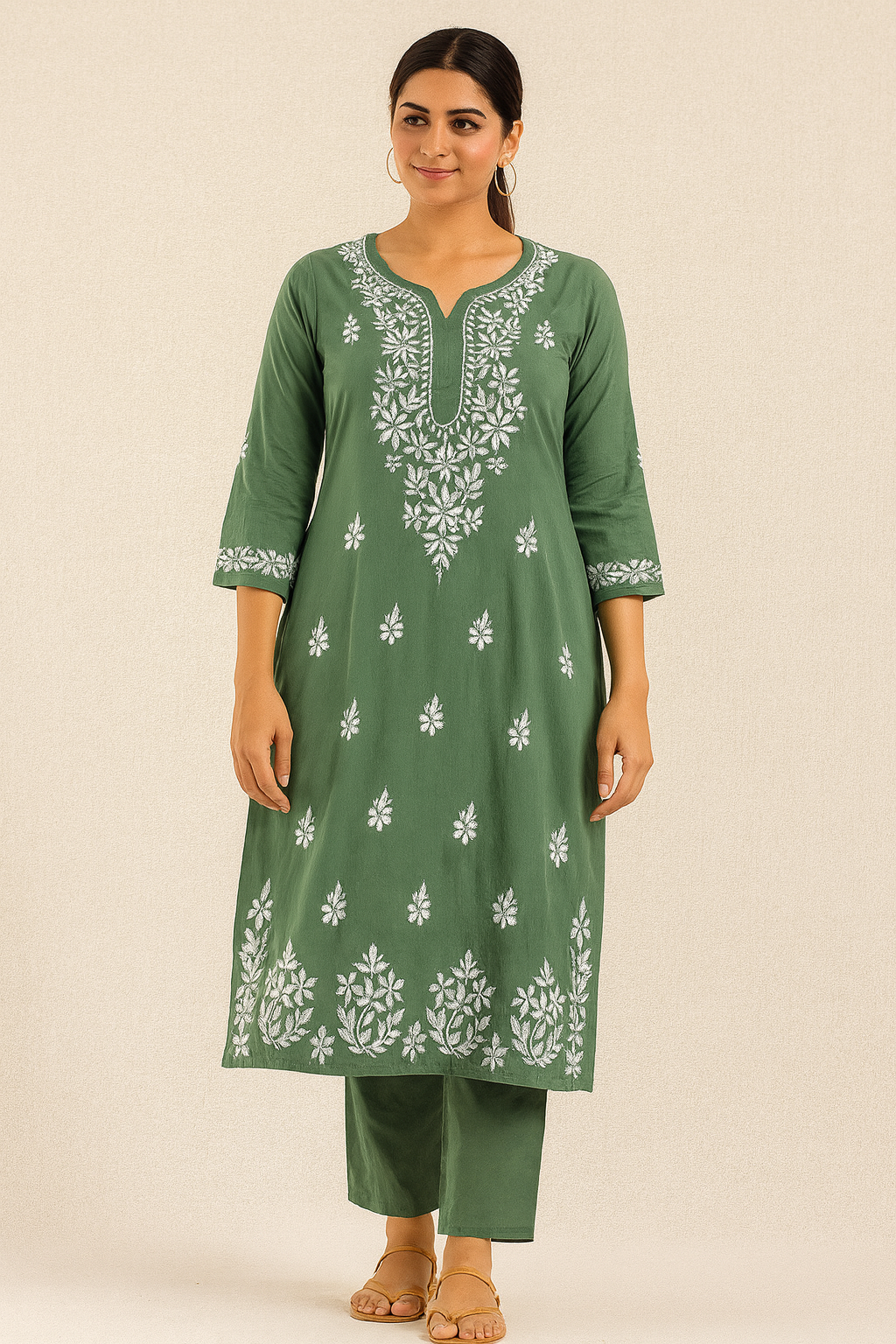 Lucknowi Chikankari Green 'Bahar' Modal Kurti-K000185