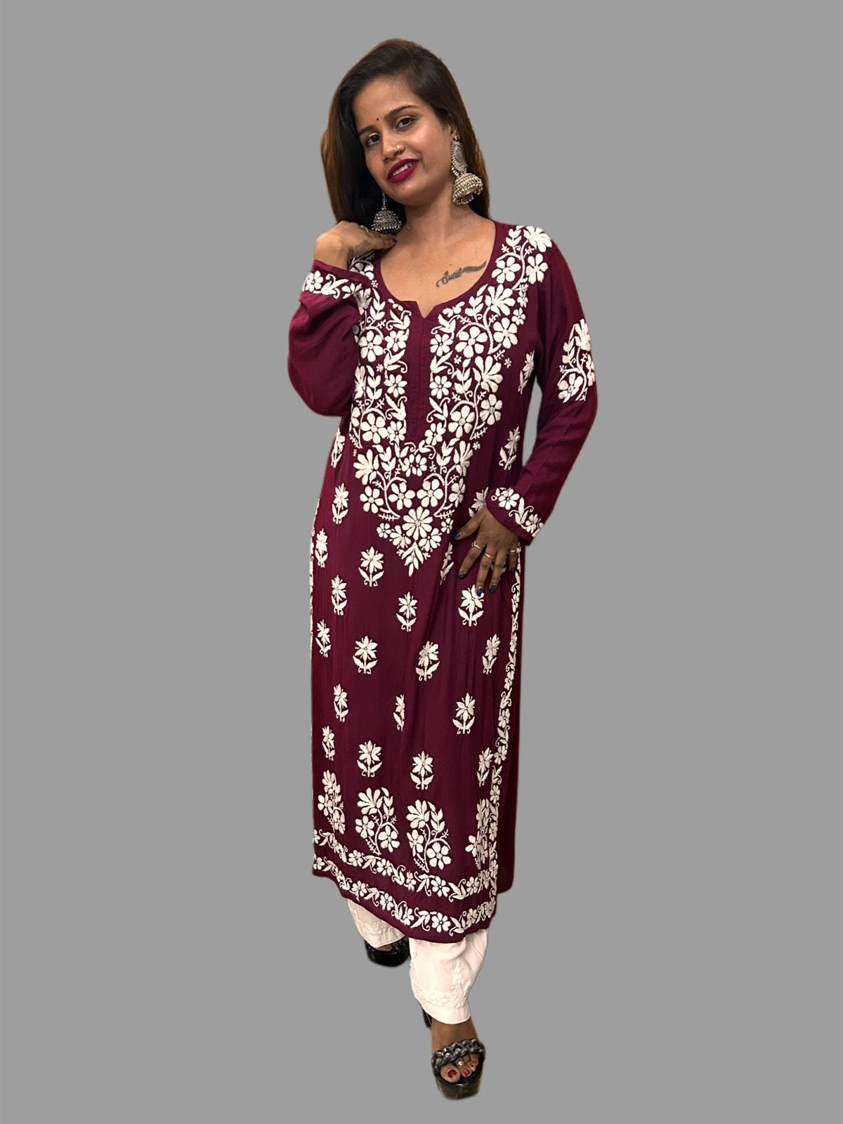 Lucknowi Chikankari Wine Modal Kurti-K000122