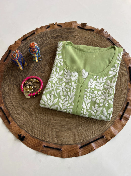Lucknowi Chikankari Green Rayon Kurti-K000162