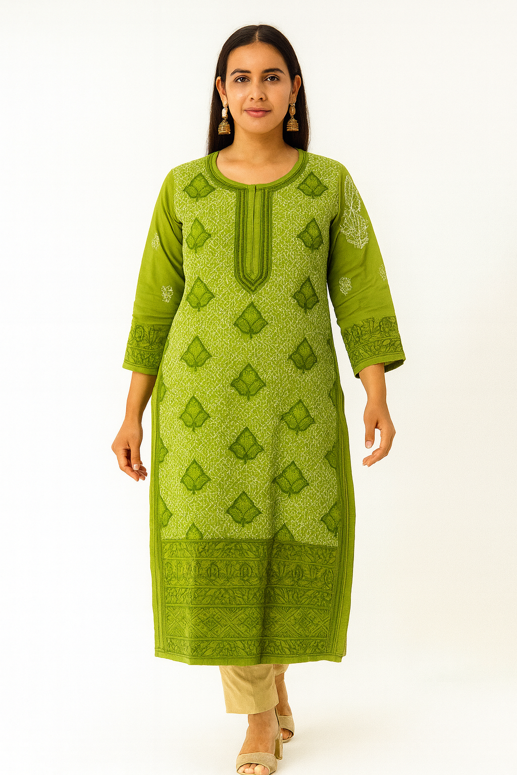 Lucknowi Chikankari Green 'Bahar' Cotton Kurti-K000184