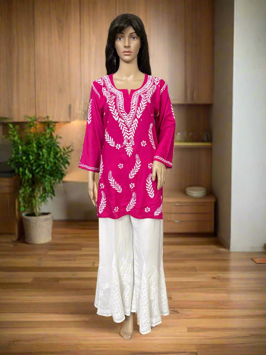 Lucknowi Chikankari Pink Rayon Short Kurti-T000078