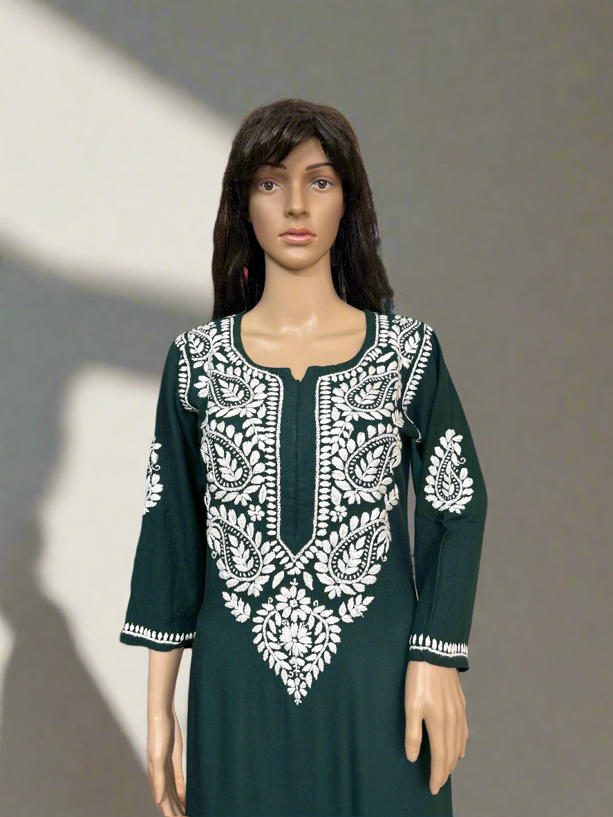 Lucknowi Chikankari Green Rayon Kurti-K20009