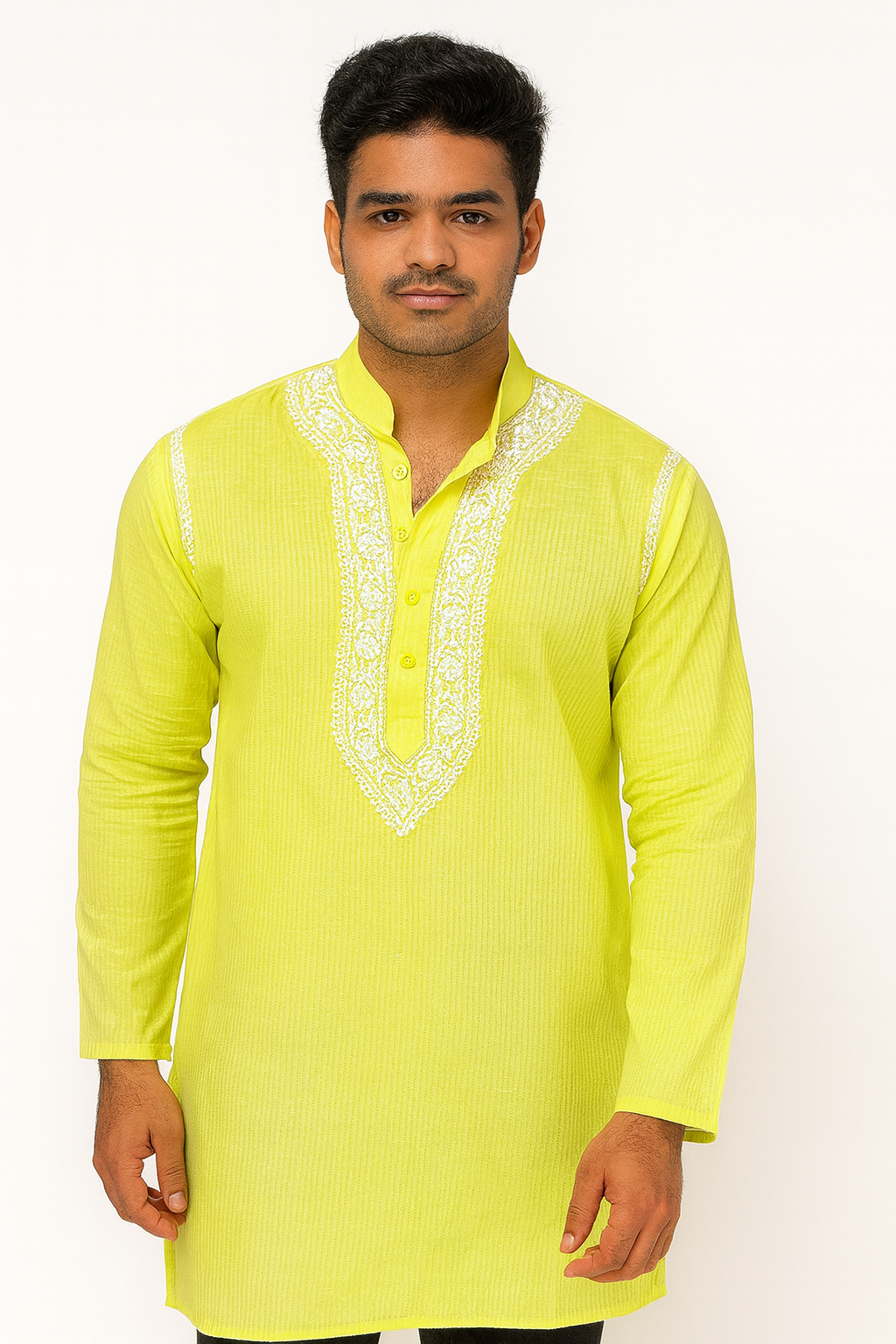Lucknowi Chikankari Green 'Bahar' Cotton Gents Kurta-GK00016