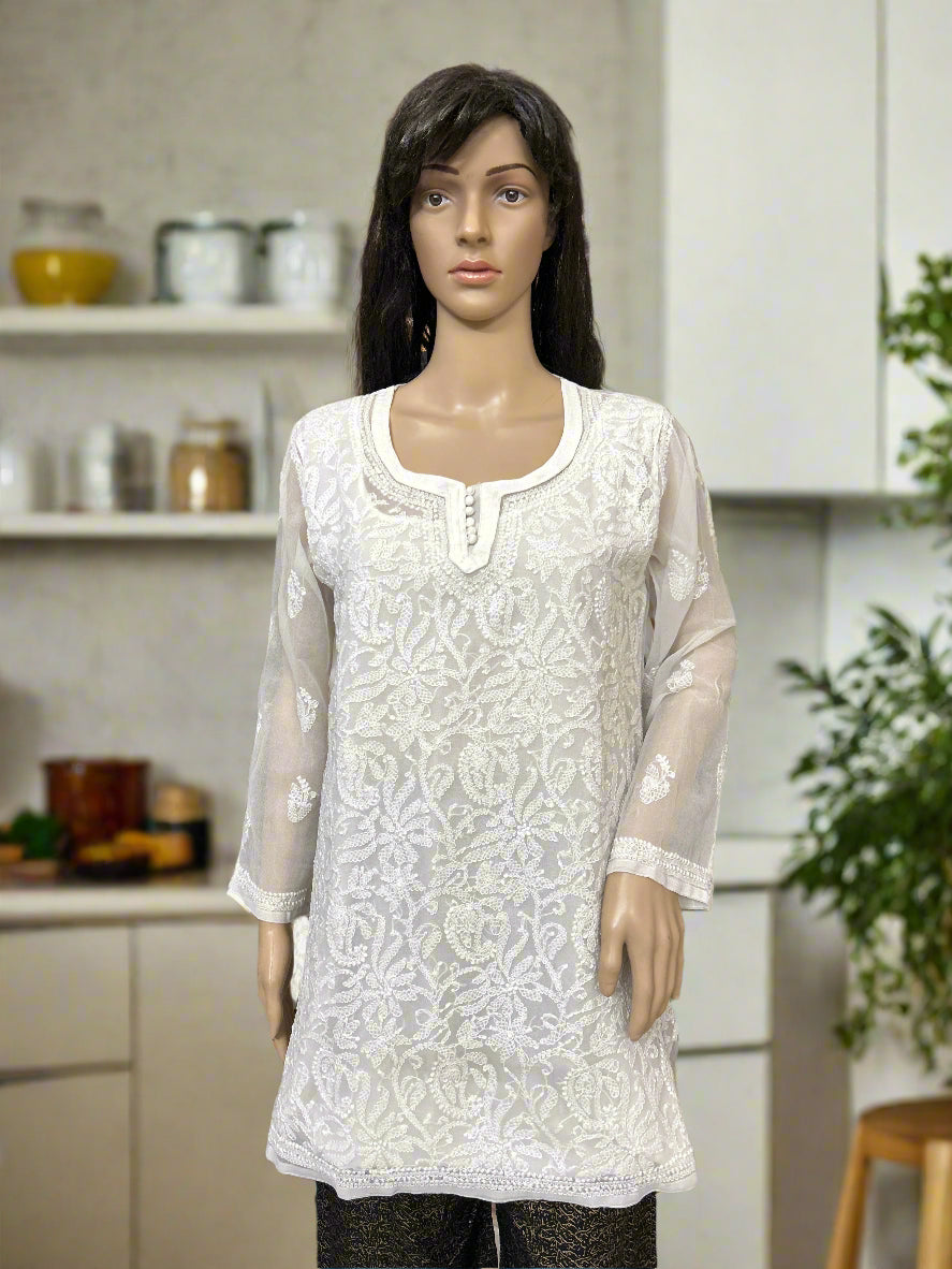 Lucknowi Chikankari White Georgette Short Kurti-T000058