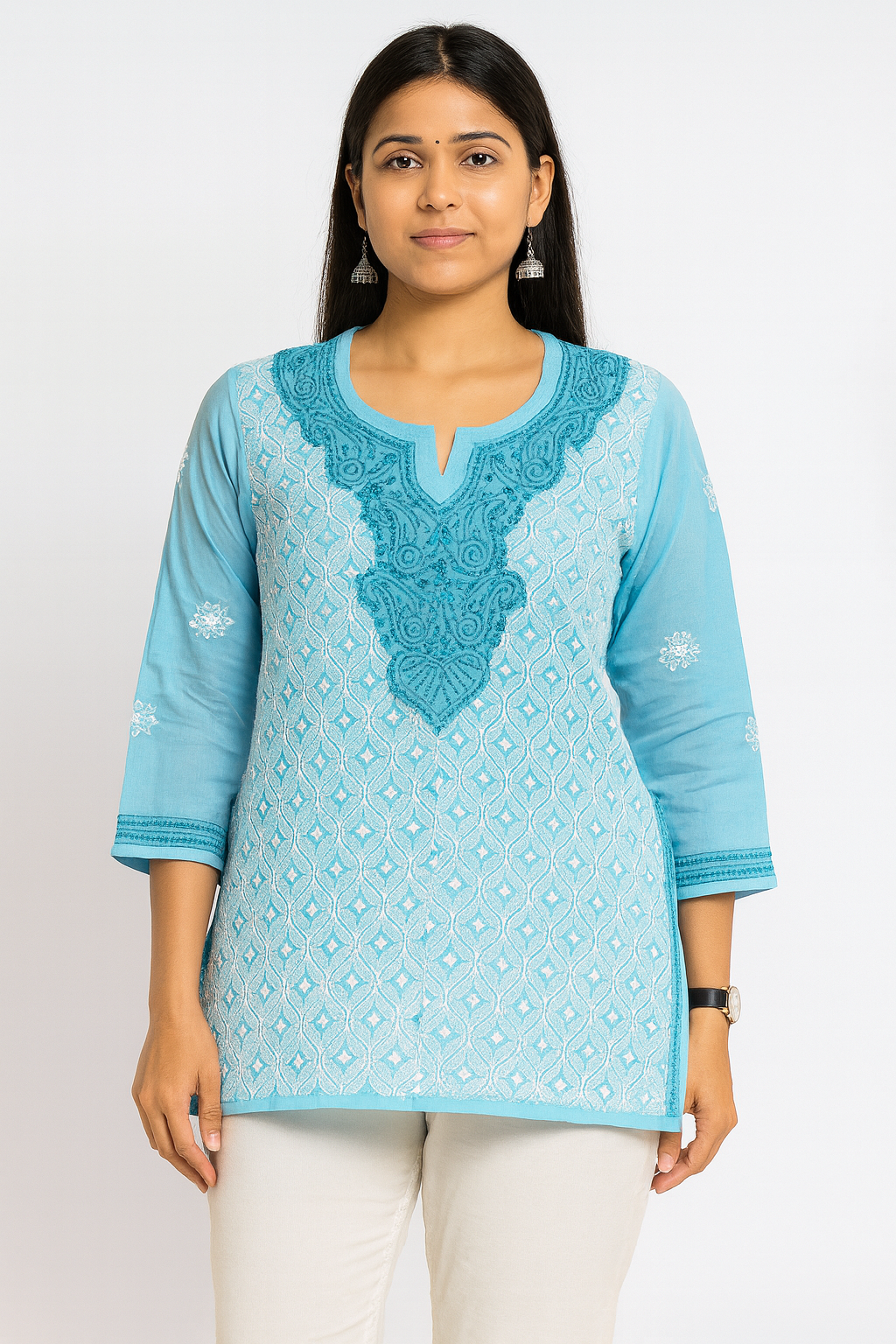 Lucknowi Chikankari Blue 'Aab-e-Asmaan' Cotton Short Kurti-T50027