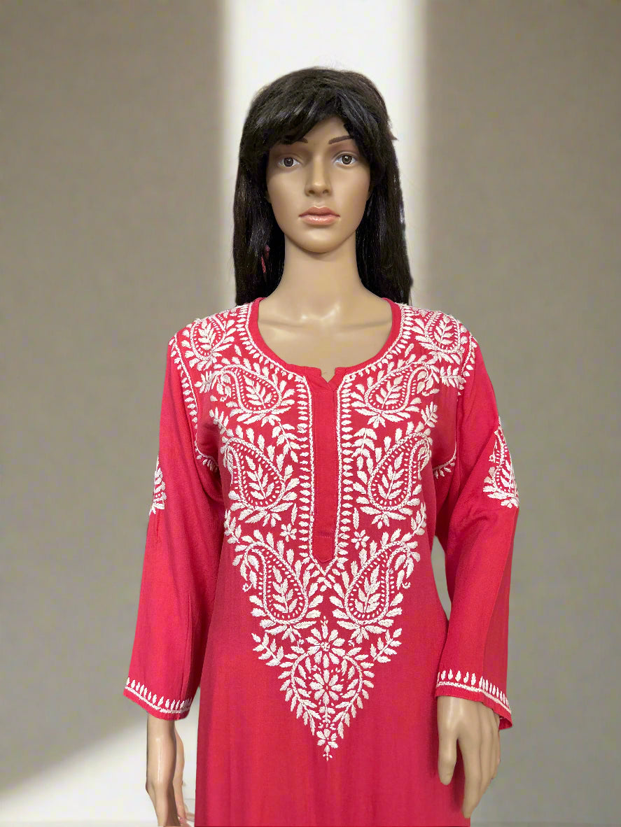 Lucknowi Chikankari Coral Pink Rayon Kurti-K40085