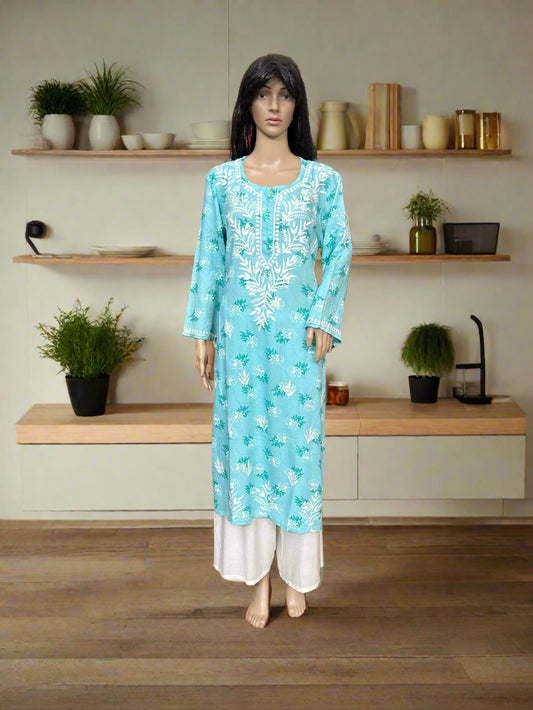 Lucknowi Chikankari Blue Printed Rayon Kurti-K000075
