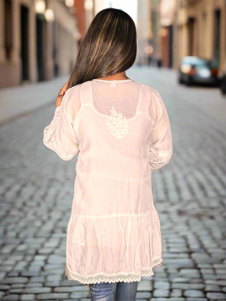 Lucknowi Chikankari White Muslin Short Kurti-T000012