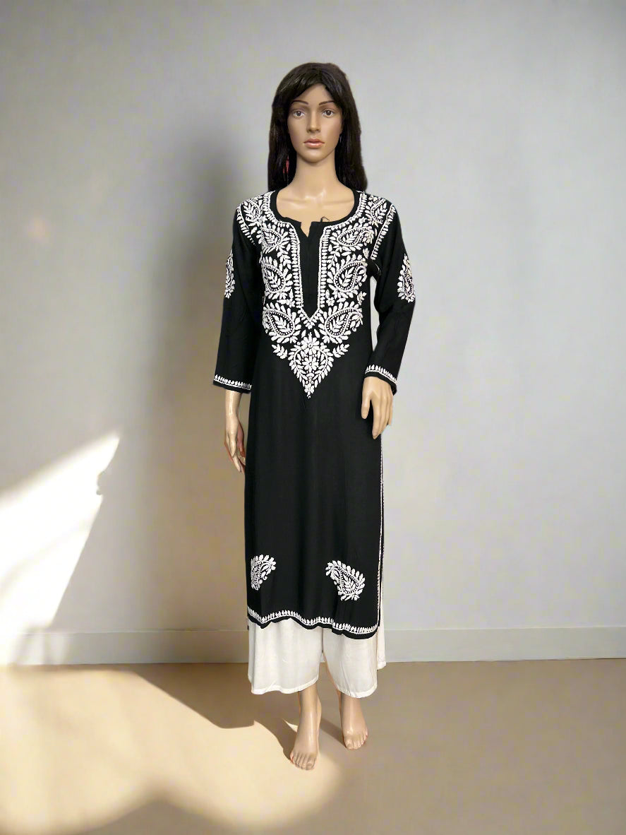 Lucknowi Chikankari Black Rayon Kurti-K000166