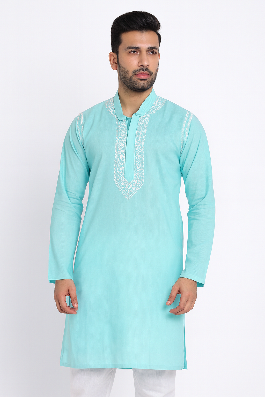 Lucknowi Chikankari Blue 'Aab-e-Asmaan' Cotton Gents Kurta-GK00023