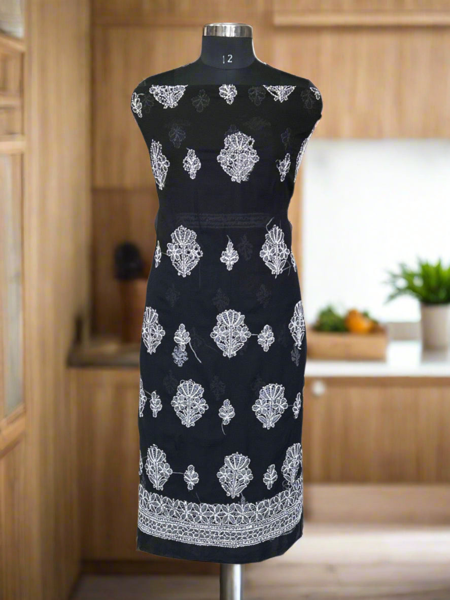 Lucknowi Chikankari Unstitched Black Georgette Kurta-Bottom-Dupatta Fabric-U30055