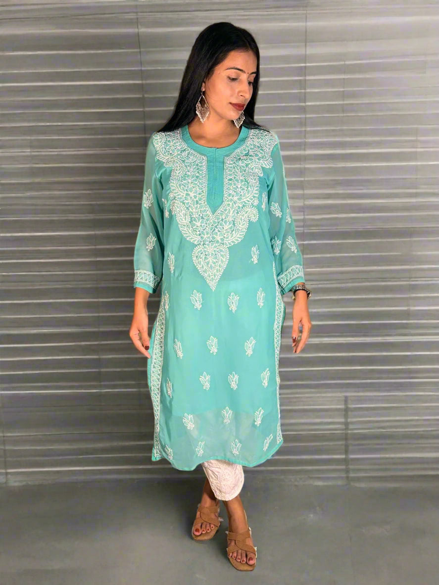 Lucknowi Chikankari Green Georgette Kurti-K000065