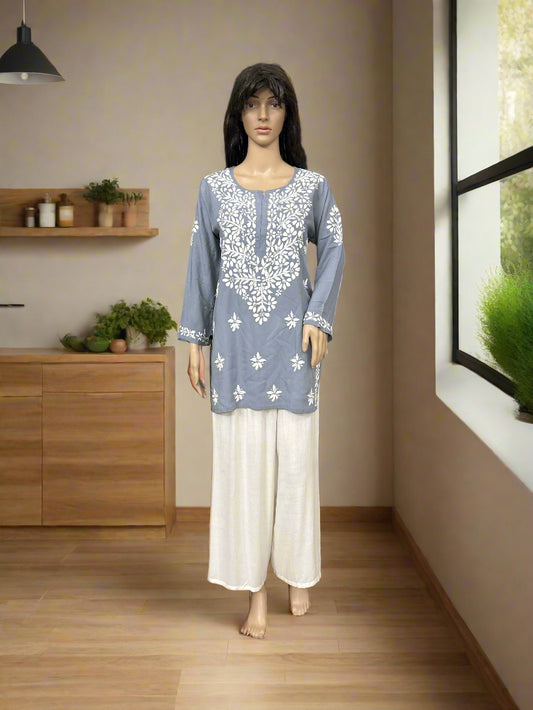 Lucknowi Chikankari Grey Modal Short Kurti-T50002
