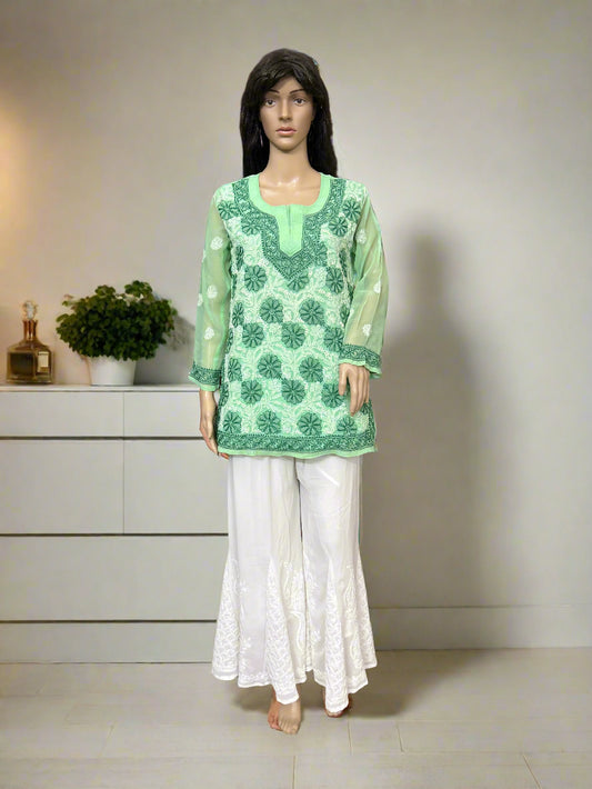 Lucknowi Chikankari Green Georgette Short Kurti-T30007