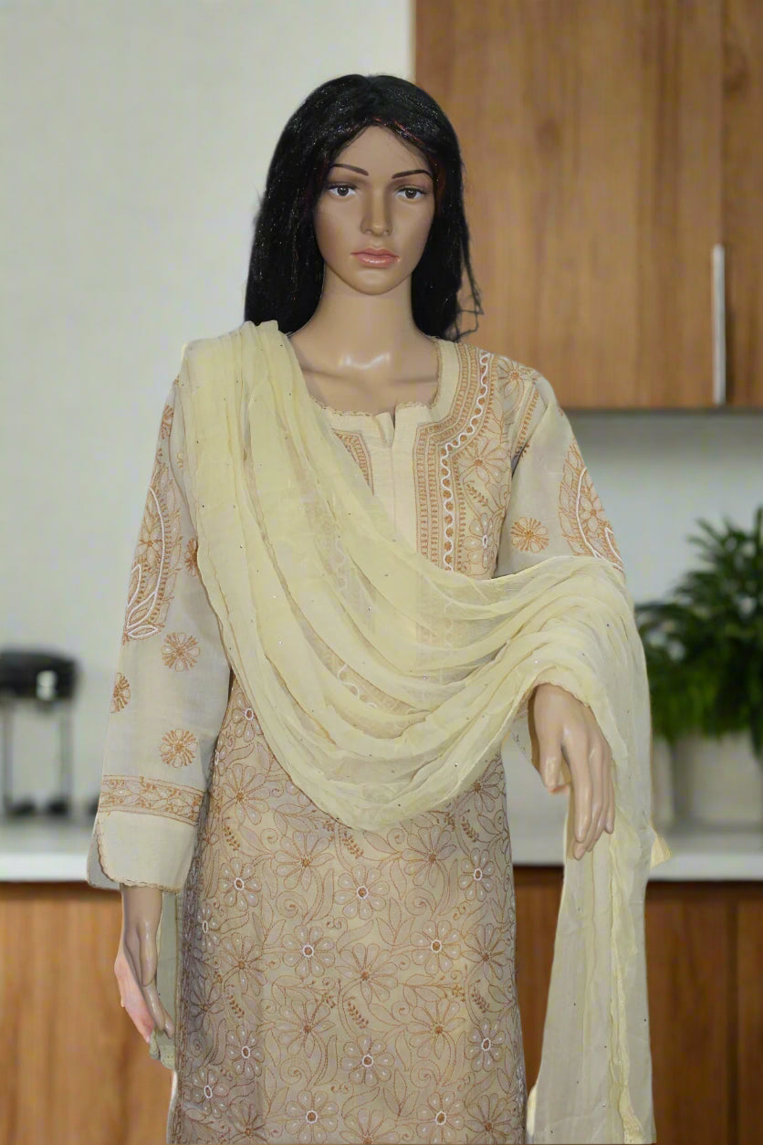 Lucknowi Chikankari Fawn Cotton 3 Piece Kurta-Chudidar Pyjama-Dupatta Set-PJ00004