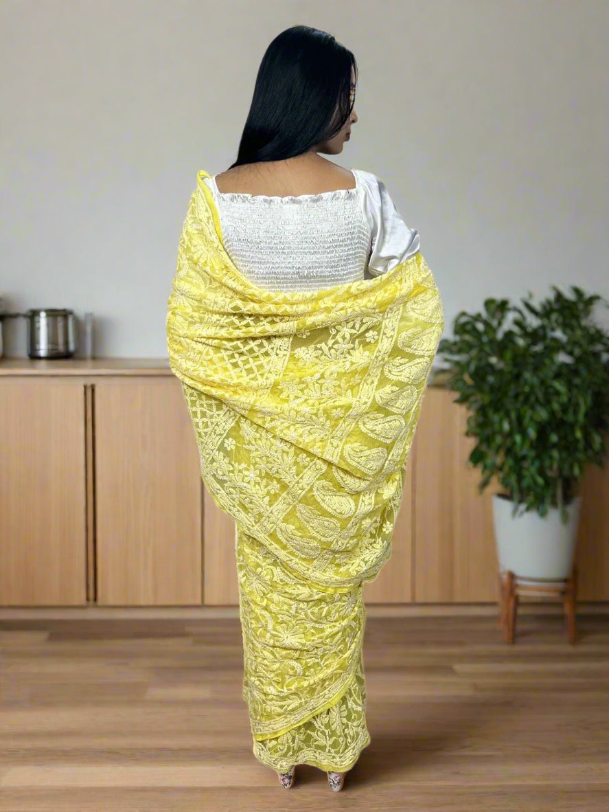 Lucknowi Chikankari Yellow Georgette Saree (With Blouse)-PF100006