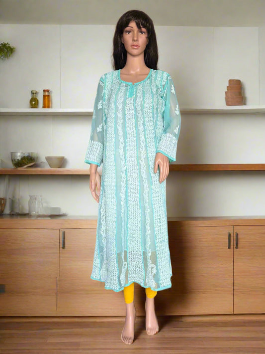 Lucknowi Chikankari Green Georgette Anarkali-K000028
