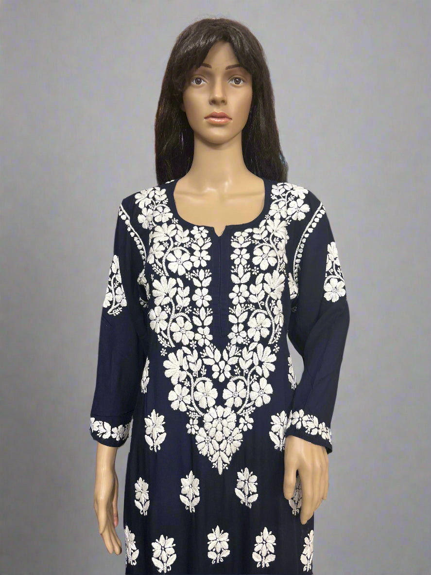 Lucknowi Chikankari Navy Blue Modal Kurti-K000150
