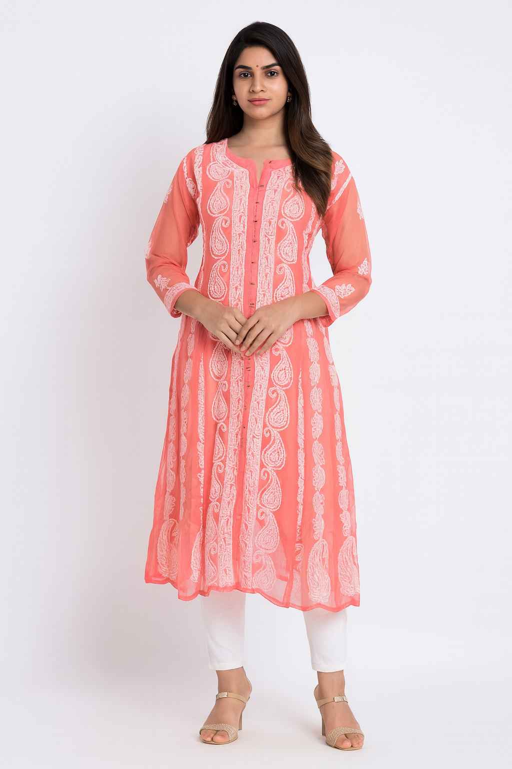 Lucknow Chikankari Peach 'Aarooi' Georgette Anarkali-K000006